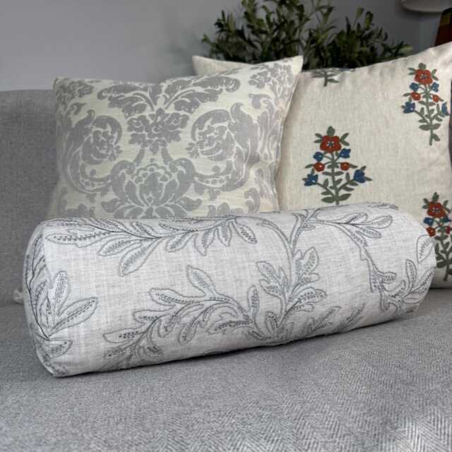 "Embroidered Grey Bolster Cushion in John Lewis Fabric - Home Decor Accent Pillow 16"" X 6" - image 1