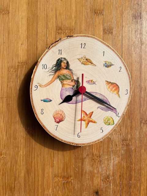 Wall Clock Mermaid Dark Hair On Birch Branch Disc