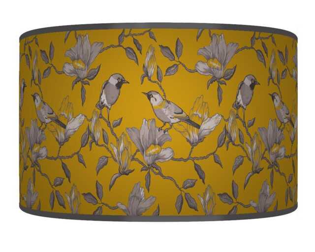 Garden Birds Lampshade - Mustard & Grey Drum Pendant Light Handmade Nature-Inspired Ceiling Shade For Modern Country Decor - image 1