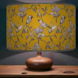 Garden Birds Lampshade - Mustard & Grey Drum Pendant Light Handmade Nature-Inspired Ceiling Shade For Modern Country Decor - thumbnail 2