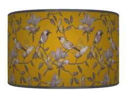 Garden Birds Lampshade - Mustard & Grey Drum Pendant Light Handmade Nature-Inspired Ceiling Shade For Modern Country Decor