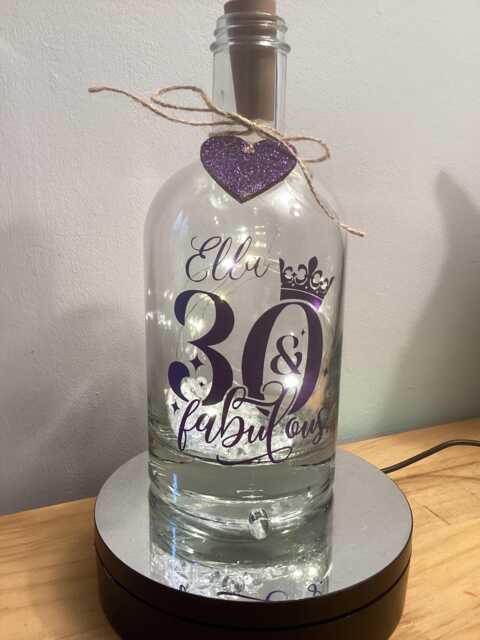 Personalised 30Th Birthday Light Up Bottle, Bottle Lamp With Gift Messaging Service & Bag