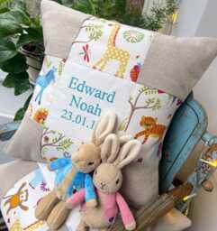 Personalised Jungle Animal Cushion Embroidered Name & Date - thumbnail 1