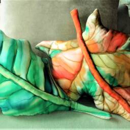 Home Decor Decroative Hand Painted Silk Leaf Pillow in Emerald Green, Lime Teal - thumbnail 2