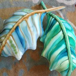 Home Decor Decroative Hand Painted Silk Leaf Pillow in Emerald Green, Lime Teal - thumbnail 4