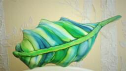 Home Decor Decroative Hand Painted Silk Leaf Pillow in Emerald Green, Lime Teal