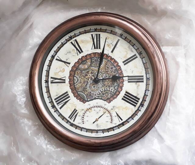 steampunk Wall Clock Faux Cogs, Aged Copper Surround, Thermometer - 35cm - image 1