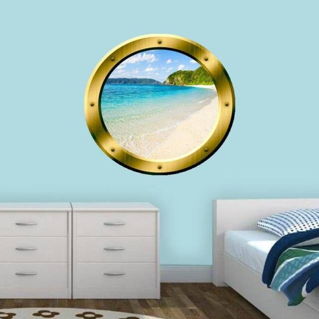 Peel & Stick Beach Scene 3D Ocean Porthole Surf Wall Art Decal Family Gold Portal Home Decor - Vwaq Gp20 - image 1