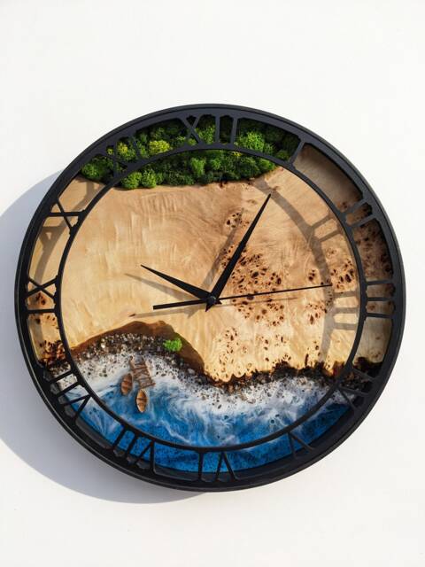 Moss & Beach Wave Wood Resin Wall Clock Epoxy Ocean Decor - image 1