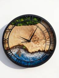 Moss & Beach Wave Wood Resin Wall Clock Epoxy Ocean Decor - thumbnail 1