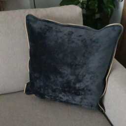 Handmade Black Velvet Cushion - Scuff Resistant, Gold Leather Piping, Modern Pillow Cover - 50x50cm - thumbnail 4
