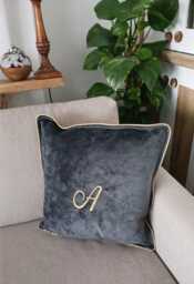 Handmade Black Velvet Cushion - Scuff Resistant, Gold Leather Piping, Modern Pillow Cover - 50x50cm