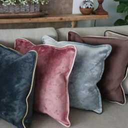 Handmade Black Velvet Cushion - Scuff Resistant, Gold Leather Piping, Modern Pillow Cover - 50x50cm - thumbnail 2
