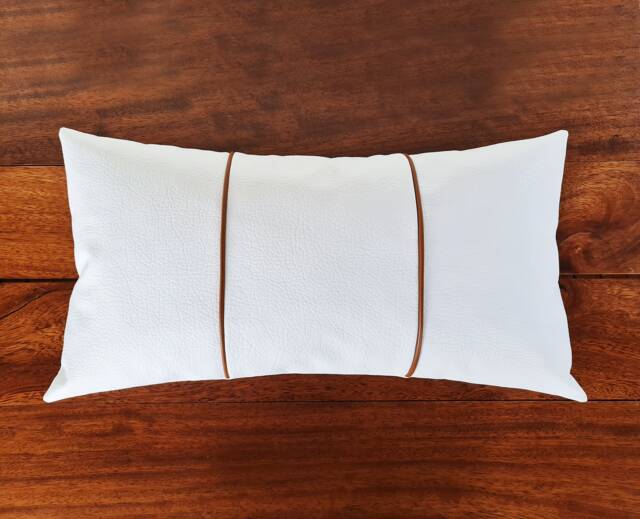 White Faux Leather Cushion Cover Cognac Piping, Scandinavian Decor - image 1