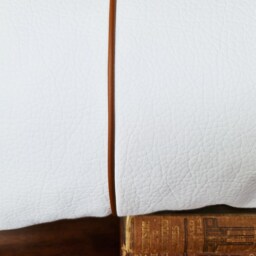 White Faux Leather Cushion Cover Cognac Piping, Scandinavian Decor - thumbnail 3