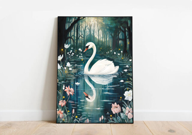 A3 Large Swan On The Lake Art Print - Forest Poster White Swan Bird Woodlands Botanical Garden Floral - image 1