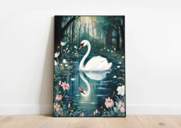 A3 Large Swan On The Lake Art Print - Forest Poster White Swan Bird Woodlands Botanical Garden Floral - thumbnail 1