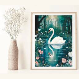 A3 Large Swan On The Lake Art Print - Forest Poster White Swan Bird Woodlands Botanical Garden Floral - thumbnail 2