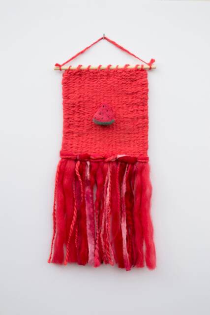 Mini Watermelon Woven Wall Hanging, Weaving, Tapestry, Red, Fruit, Needle Felting, Small, Nursery Decor, Boho, Modern, Wool, Textile, Fiber - image 1