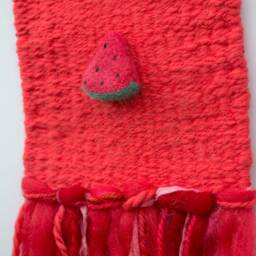 Mini Watermelon Woven Wall Hanging, Weaving, Tapestry, Red, Fruit, Needle Felting, Small, Nursery Decor, Boho, Modern, Wool, Textile, Fiber - thumbnail 2