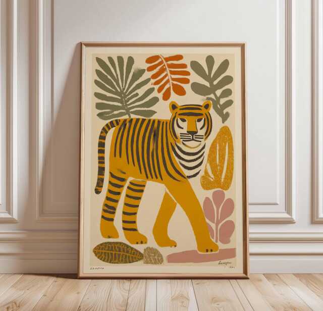 Tiger Jungle Poster, Mid Century Modern Print, Retro Safari Wall Art, Scandinavian Animal Artwork, Bold Decor - image 1