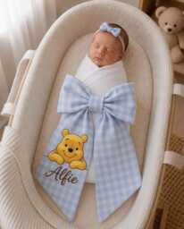 Personalized Winnie The Pooh Baby Bow Sash, Custom Bear Newborn Swaddle Announcement Photo Prop, Shower Keepsake