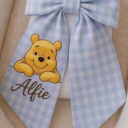 Personalized Winnie The Pooh Baby Bow Sash, Custom Bear Newborn Swaddle Announcement Photo Prop, Shower Keepsake - thumbnail 3
