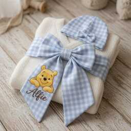 Personalized Winnie The Pooh Baby Bow Sash, Custom Bear Newborn Swaddle Announcement Photo Prop, Shower Keepsake - thumbnail 2