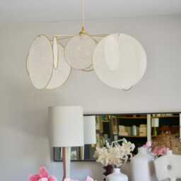 8-Round Linen & Brass Pendant Light - Designer Chandelier Kinetic Mobile Handmade - thumbnail 3