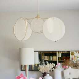 8-Round Linen & Brass Pendant Light - Designer Chandelier Kinetic Mobile Handmade - thumbnail 2