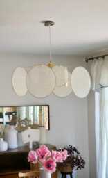 8-Round Linen & Brass Pendant Light - Designer Chandelier Kinetic Mobile Handmade