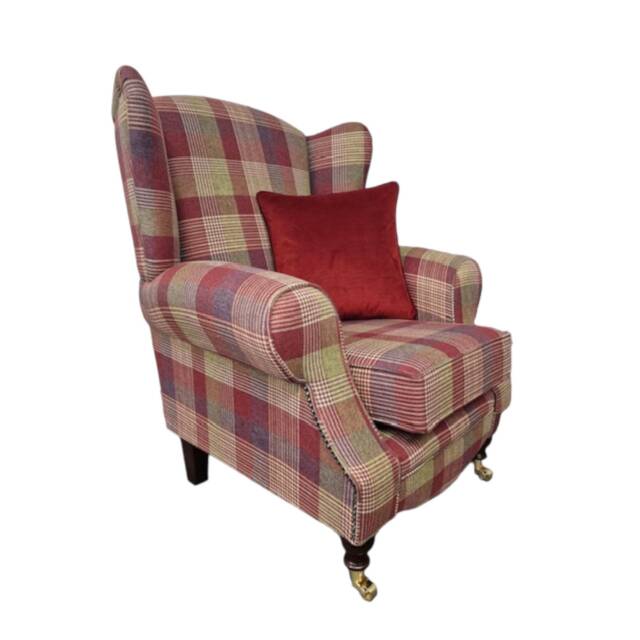 Queen Anne Wingback Chair Carmine Tartan Fabric, Dark Wood Legs - image 1