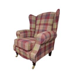 Queen Anne Wingback Chair Carmine Tartan Fabric, Dark Wood Legs - thumbnail 3