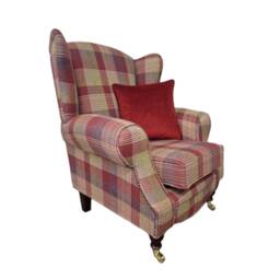 Queen Anne Wingback Chair Carmine Tartan Fabric, Dark Wood Legs