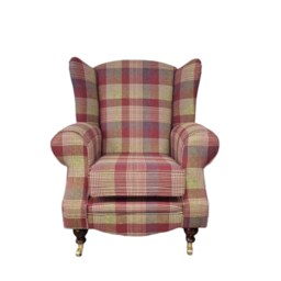 Queen Anne Wingback Chair Carmine Tartan Fabric, Dark Wood Legs - thumbnail 2