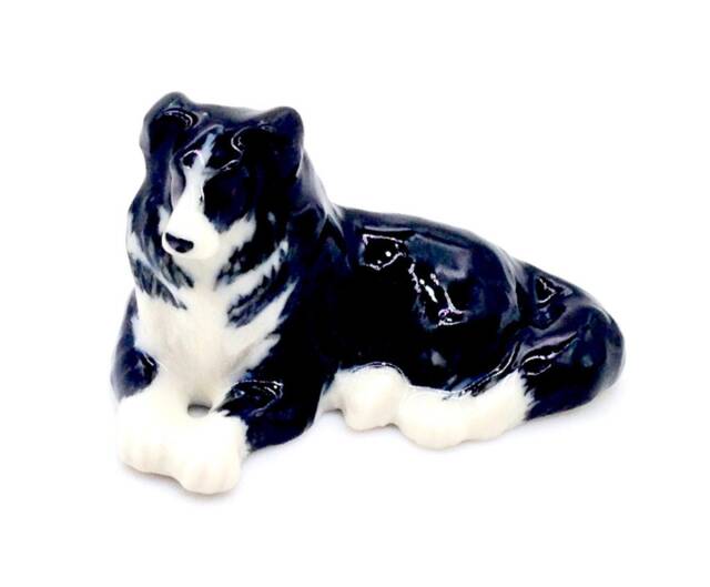 Miniature Ceramic Border Collie Dog Laying Animal Little White Black Figurine Small Statue Tiny Decoration Collectible Hand Painted Figure - image 1