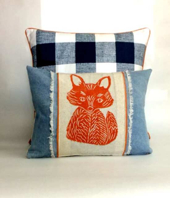 Fox Print Denim Pillow Hand Carved Woodland Nursery Decor - image 1