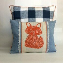 Fox Print Denim Pillow Hand Carved Woodland Nursery Decor - thumbnail 2