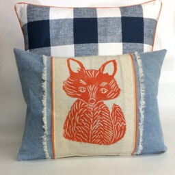 Fox Print Denim Pillow Hand Carved Woodland Nursery Decor - thumbnail 3