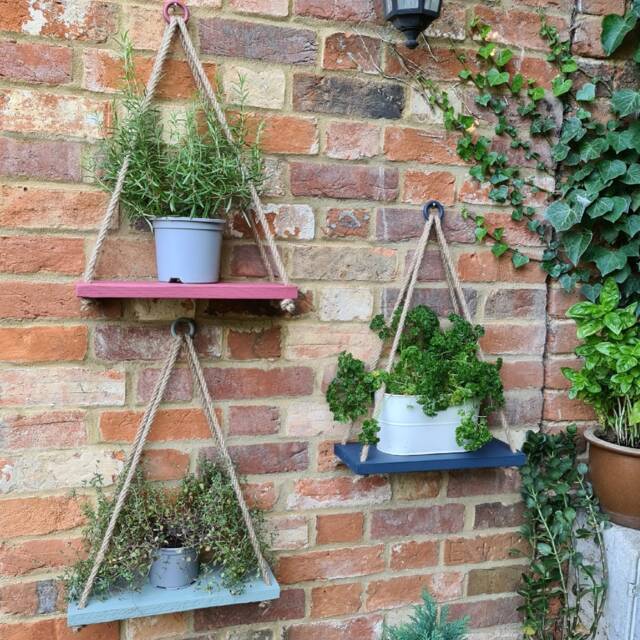 Painted Wood Hanging Rope Shelves Herb Plant Garden Set - image 1