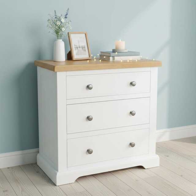 Painted 3-Drawer Chest Solid Oak Top, Large Bedside Table, Assembled - image 1