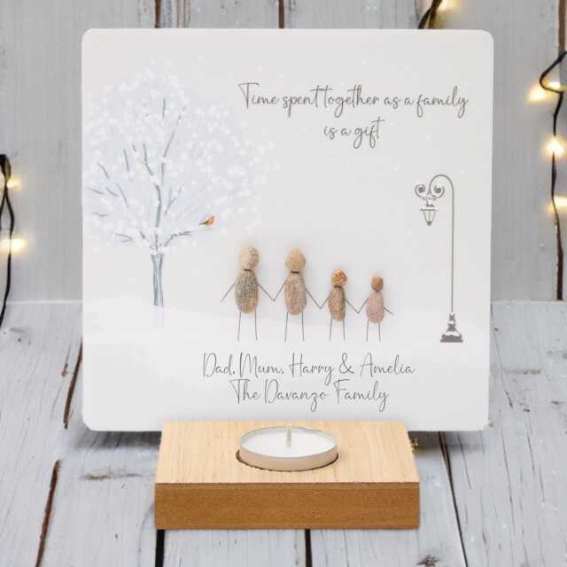 Personalised Family Pebble Art T Light Holder - Christmas Keepsake - image 1
