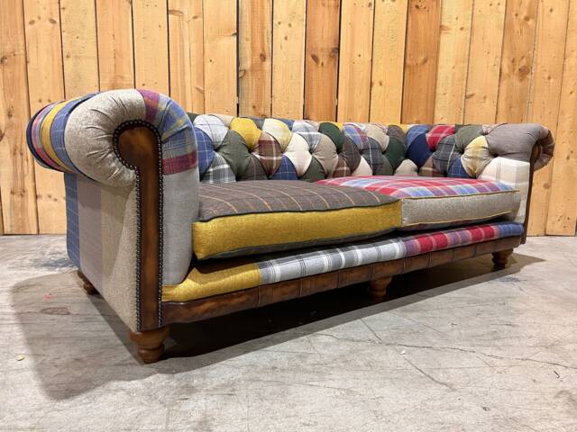 3 Seater Patchwork Chesterfield Sofa - Multicolour Wool Blends With Antique Tan Leather Details British Handmade - image 1