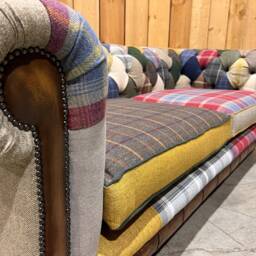 3 Seater Patchwork Chesterfield Sofa - Multicolour Wool Blends With Antique Tan Leather Details British Handmade - thumbnail 4