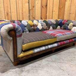 3 Seater Patchwork Chesterfield Sofa - Multicolour Wool Blends With Antique Tan Leather Details British Handmade - thumbnail 2