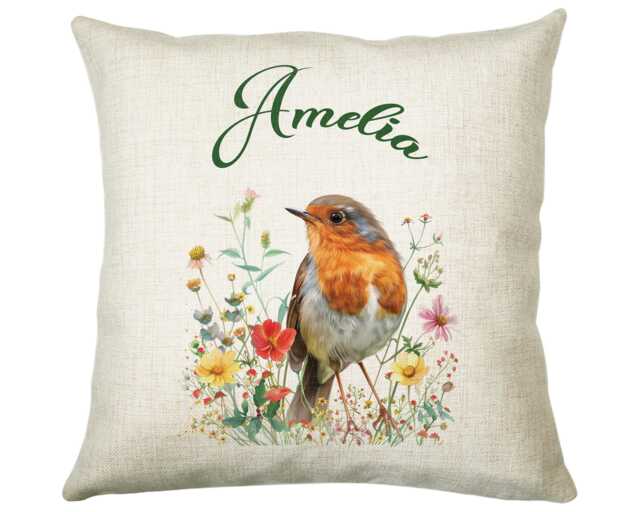 Personalised Robin Gift Cushion Printed Name Design - Throw Pillow For Him Her Wild Birds Lover Idea Little Smc018 - image 1