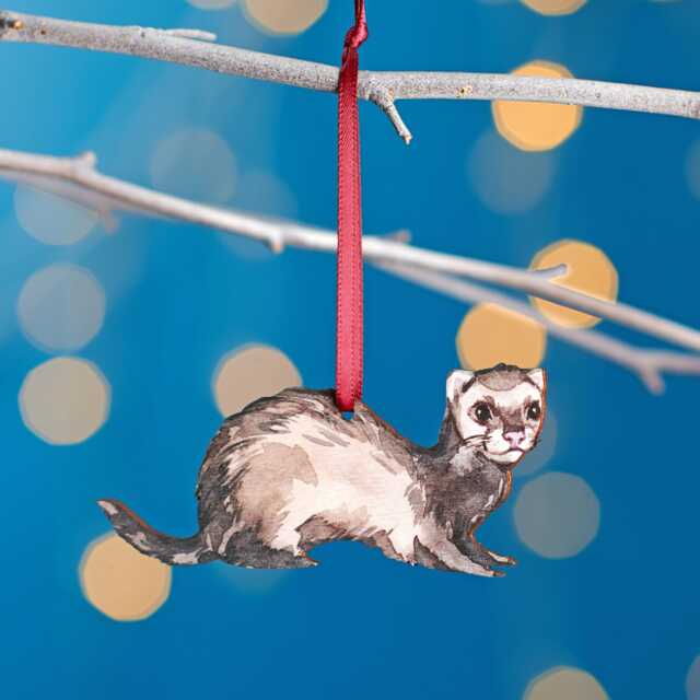 Ferret Christmas Tree Decoration, Birch Plywood Ornament, Animal Lover Gift, Festive Watercolour Art, Traditional Keepsake - image 1