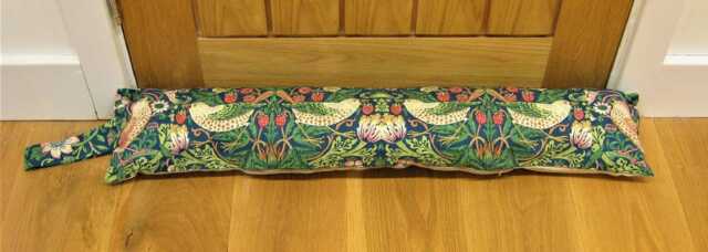Draught Excluder, William Morris Indigo Blue. Moss Green & Pink Strawberry Thief Door Stopper, Draft Window Draught Dodger - image 1