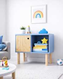 Mid Century Media Unit, Turntable Stand, Blue Drinks Cabinet, Kids Room Cupboard, Handmade Plywood Modern Storage Unit - thumbnail 1