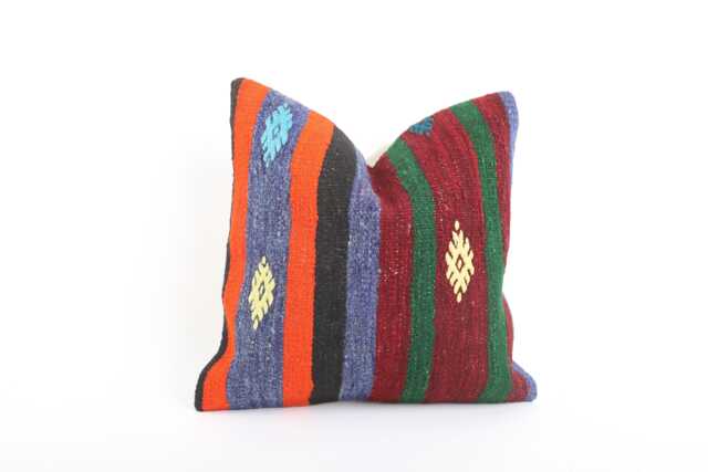 Vintage Turkish Kilim Pillow Cover Handwoven Wool Throw - 16x16 - image 1
